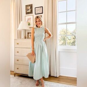 NWT LOFT Green and White Striped Sleeveless Smocked Midi Dress